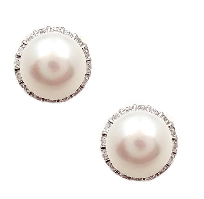 Sterling Silver CZ Pearl Stud Earrings