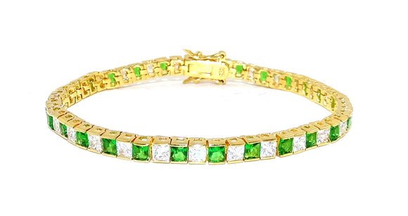 18K Gold Vermeil Emerald & White CZ Square Tennis Bracelet