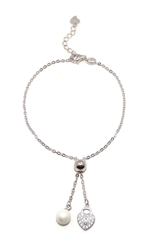 Dangle CZ & Pearl Charm SS 925 Silver Bracelet