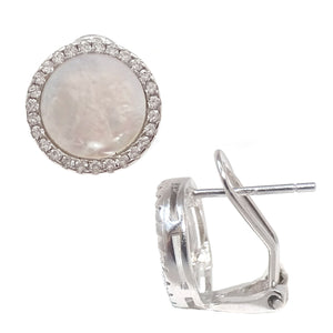 SS 925 White CZ & MOP Circle Omega Back Earrings