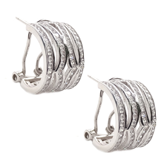 SS 925 Rhodium White CZ Omega Clip Back Hoop Earrings