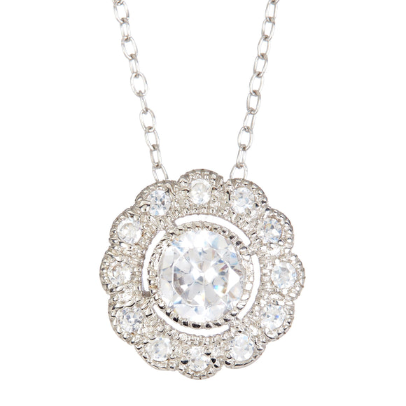 SS White CZ Fancy Flower Pendant With Chain