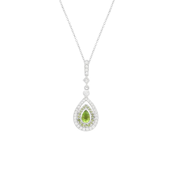 SS 925 Pear Shape Peridot & White CZ Pendant With Chain