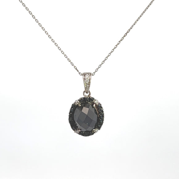 SS Smokey Quartz/Black CZ Pendant With Chain